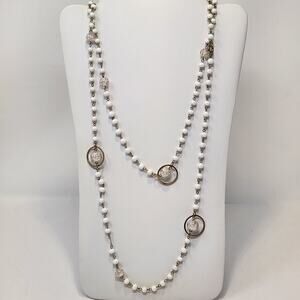 White Transparent Glass Bead Long Station Necklace Vintage Cosmic Retro Layer